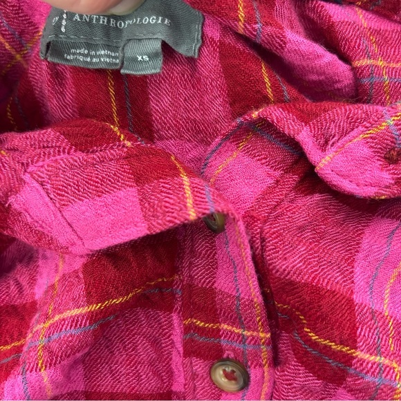 Anthropologie XS Women's Plaid Pink Red Flannel Gauze Shirt Button High Low - Picture 7 of 12